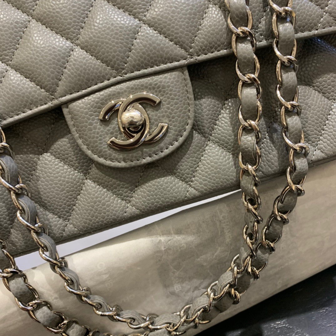 Ch*el classic handbag in grained litchi pattern calfskin & silver-tone metal, gray 6 × 9.9 × 2.5 inches