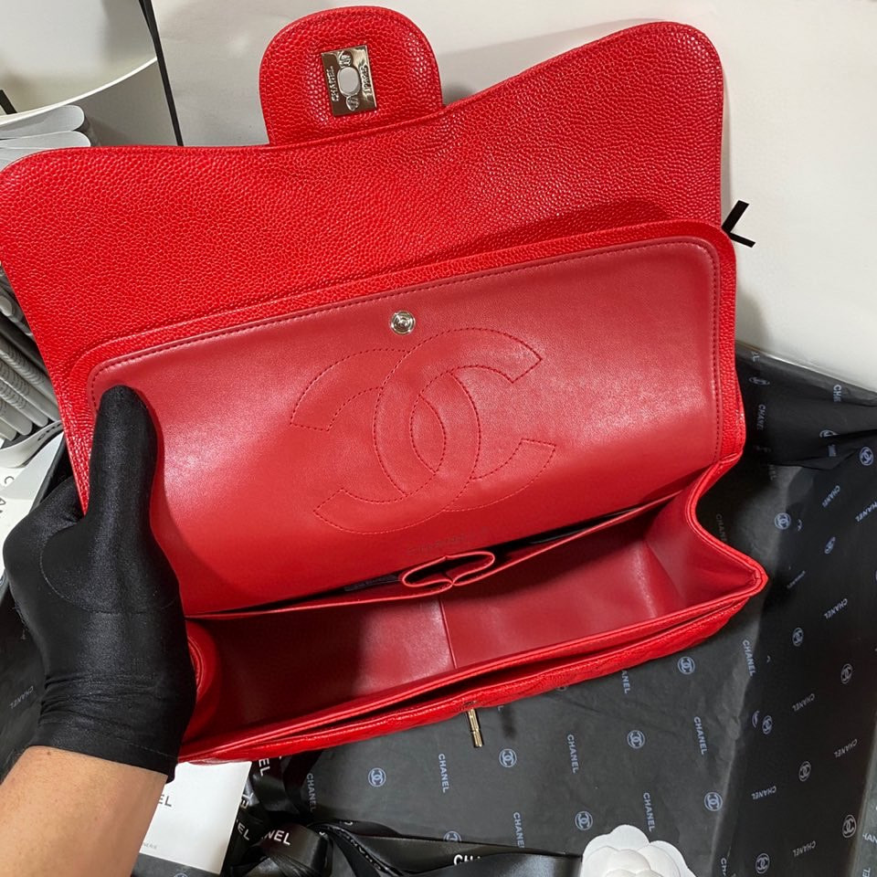 Ch*el classic flap jumbo 30cm cf red silver7.6 × 11.7 × 3.9 in