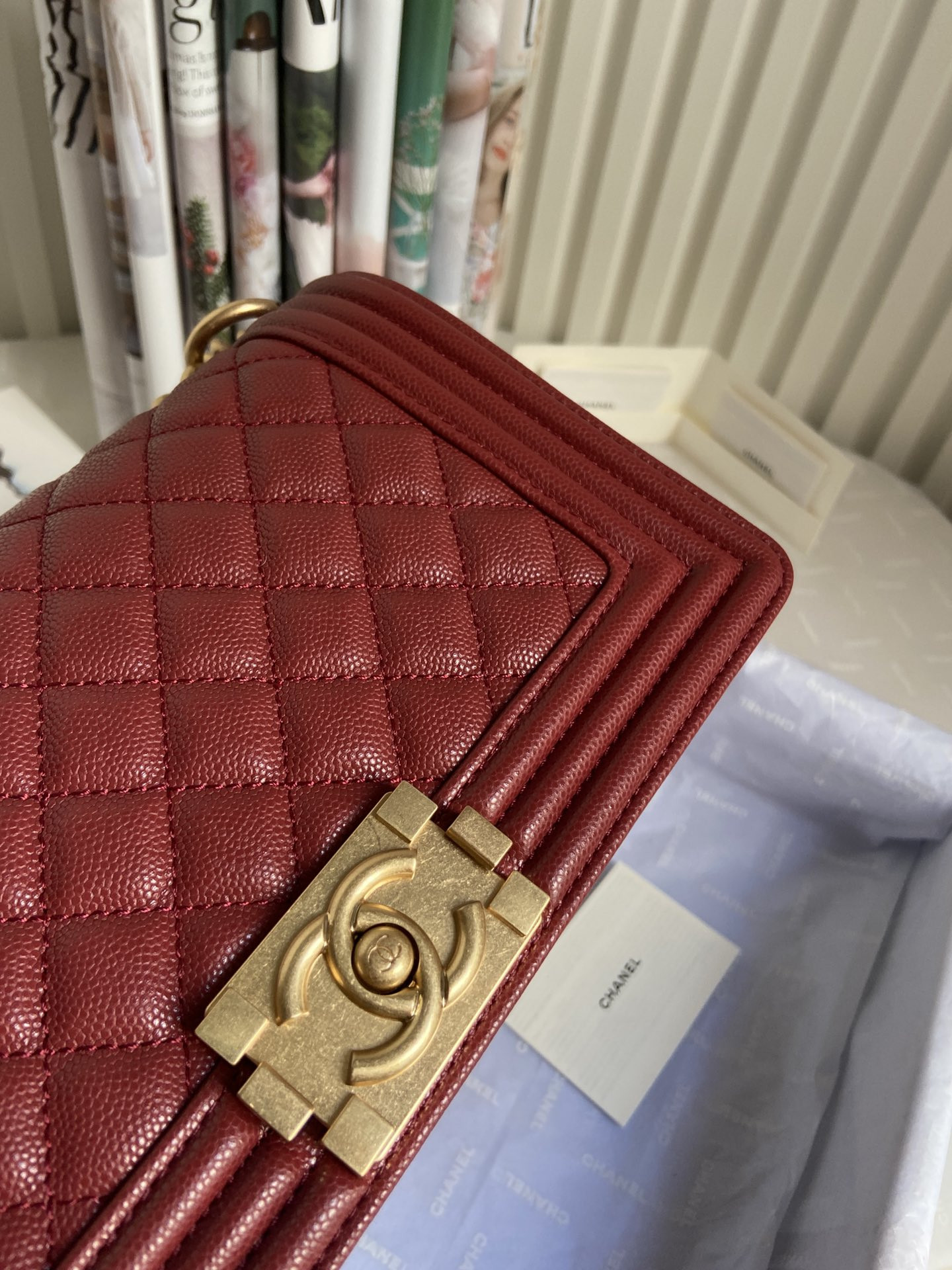boy Ch*el handbag shiny grained calfskin & gold-tone metal red 5.9 × 9.8 × 3.5 in