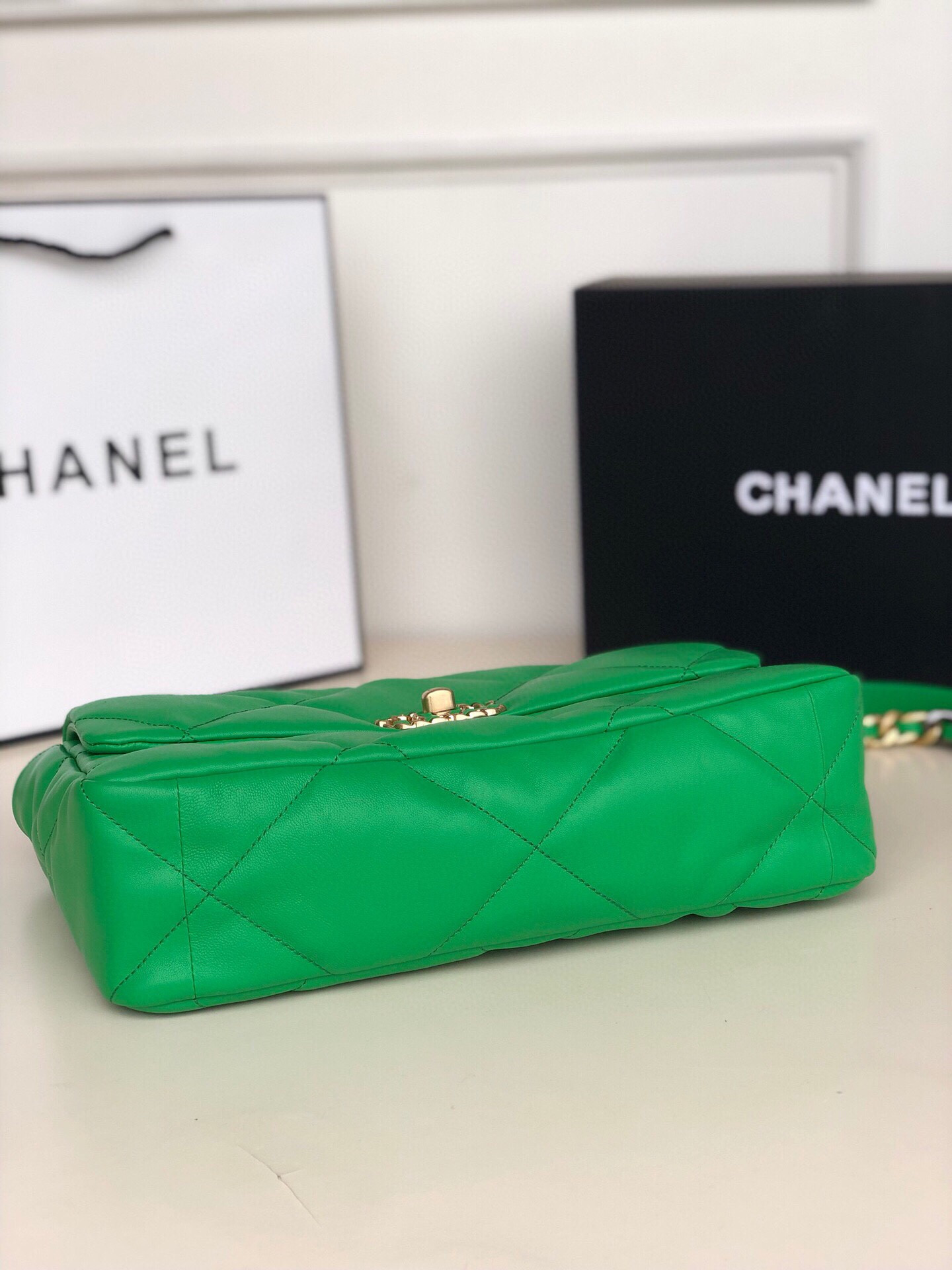 Ch*el 19 large handbag shiny leather, gold-tone, silver-tone & ruthenium-finish metal green 7.8 × 11.7 × 3.9 in