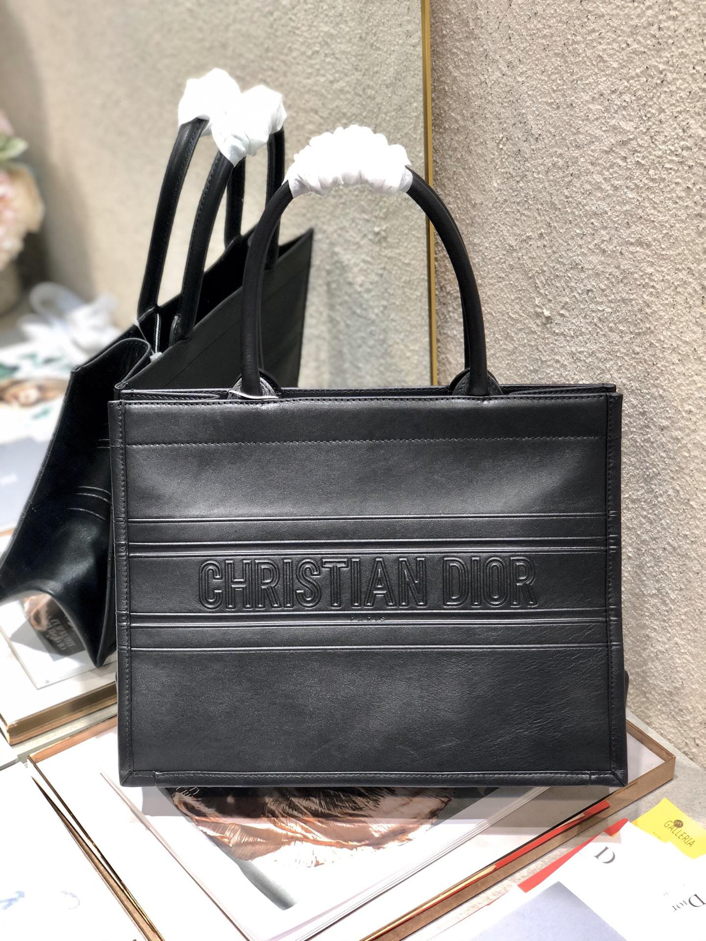 calfskin embossed medium D*or book tote black 14 x 11 x 6.5 inches