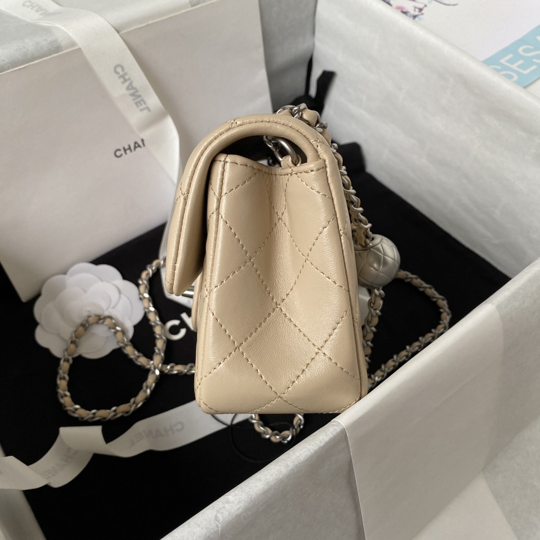 Ch*el mini flap bag shiny calfskin & silver-tone metal light beige 4.7 × 7.8 × 2.3 in