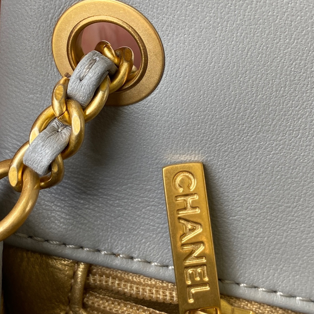 Ch*el mini flap bag shiny calfskin & gold-tone metal gray 4.7 × 7.8 × 2.3 in