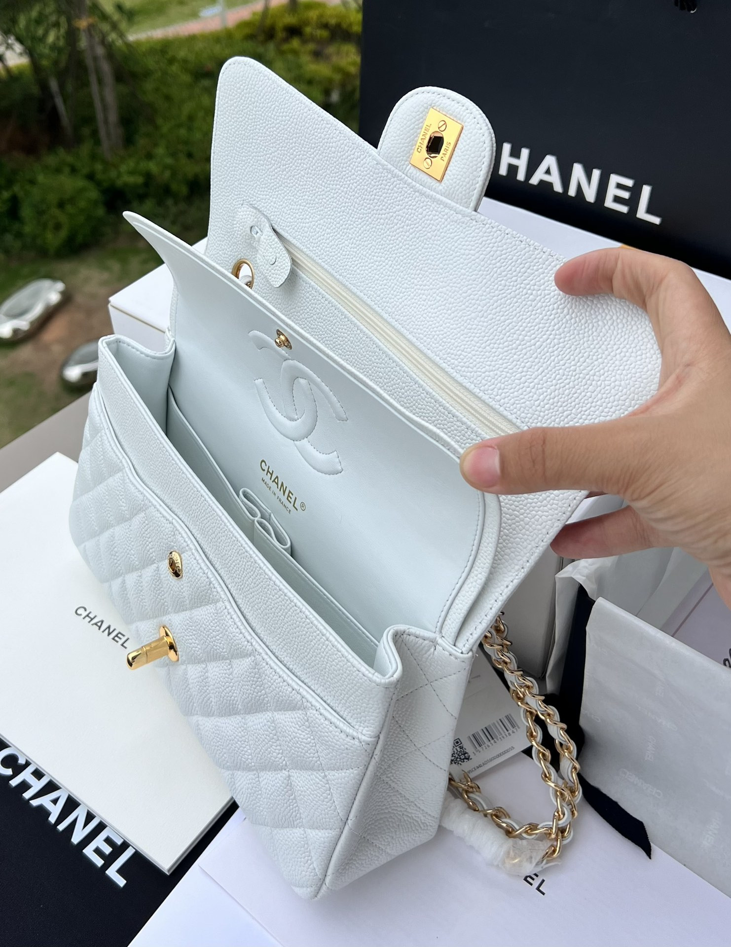 Ch*el classic handbag grained calfskin & gold-tone metal white 6 × 9.9 × 2.5 in