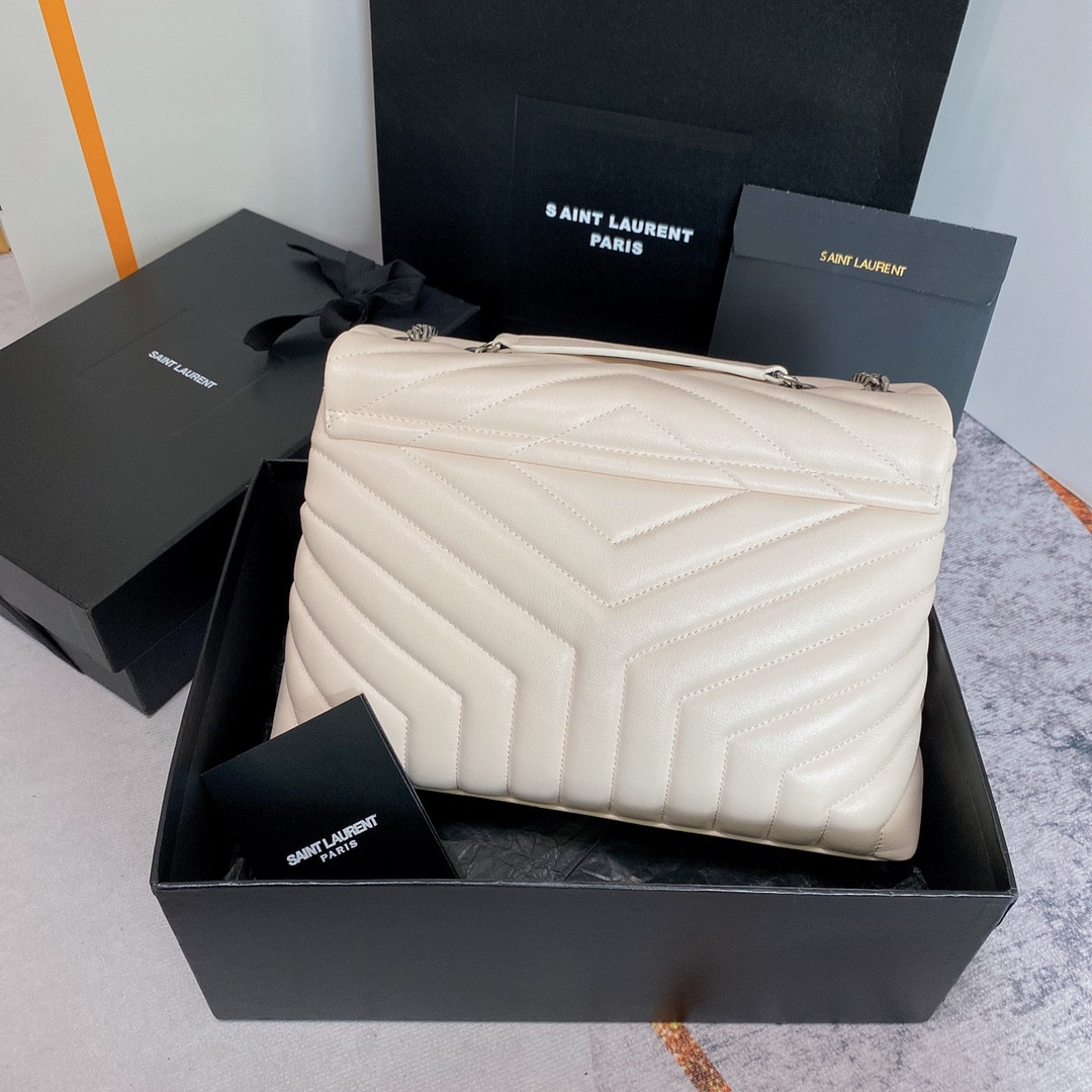 Y*L loulou medium in quilted leather blanc vintage silver 12.5 x 8.6 x 3.5 inches
