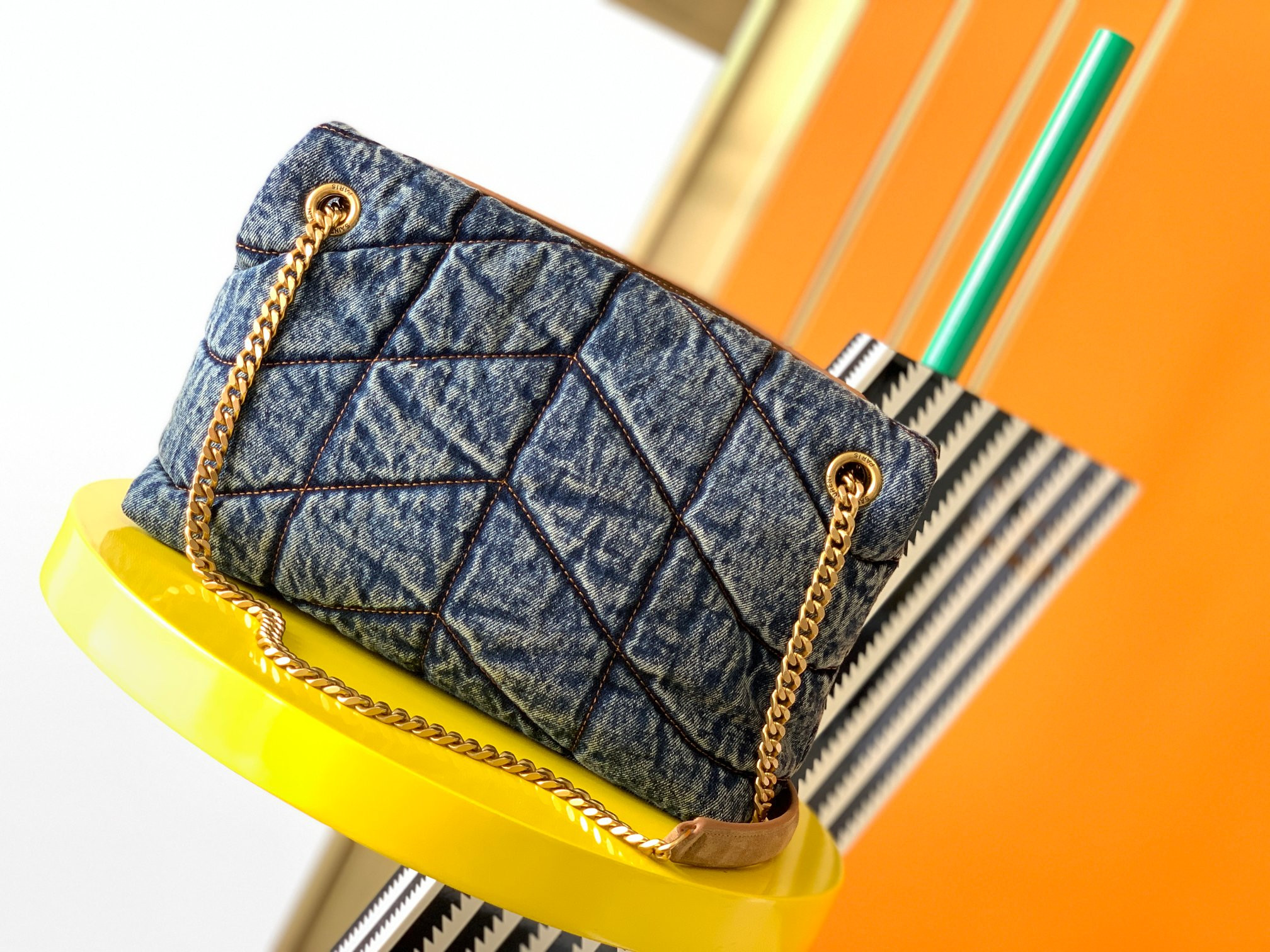 y*l puffer small in suede and De*1m light blue 11.4 x 6.6 x 4.3 inches