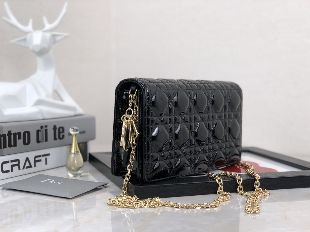 lady D*or pouch  black patent cannage calfskin 8.5 x 4.5 x 1 inches