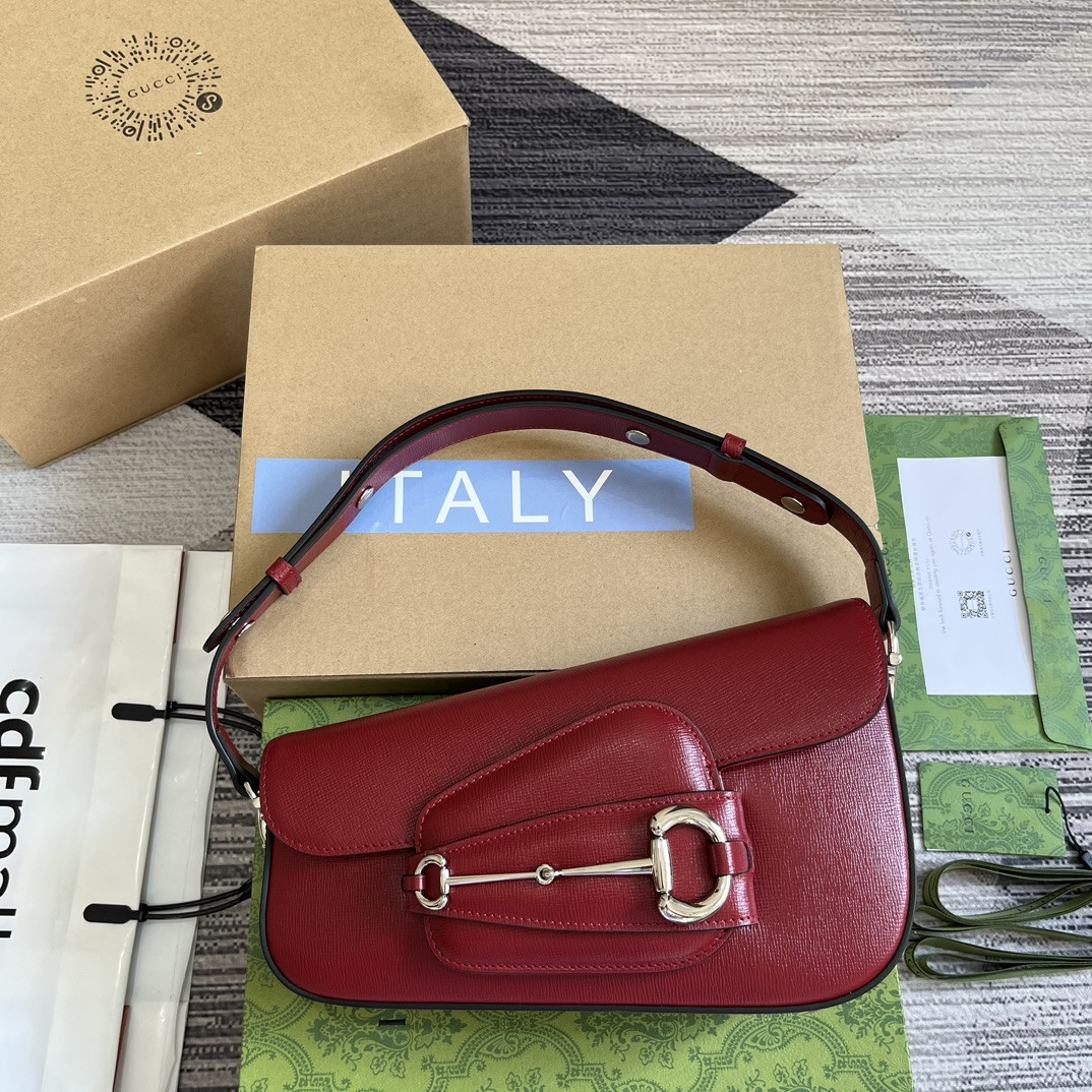 G*u*i horsebit 1955 small shoulder bag red 10.4"w x 6.7-4.1"h x 3.1-1.6"d