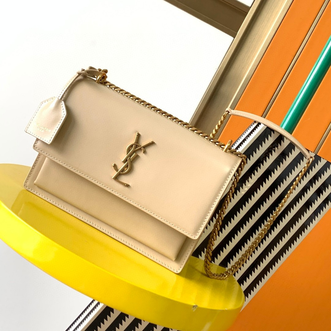 Y*L sunset medium in coated-bark leather beige 8 x 6.2 x 2.5 inches