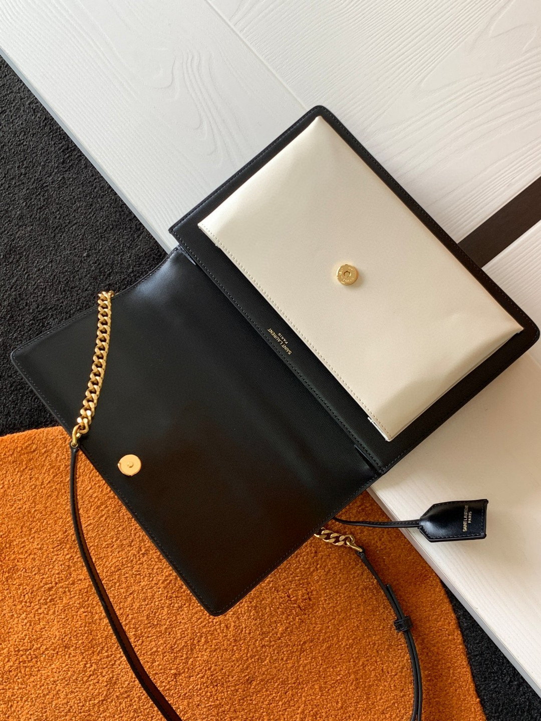 Y*L sunset large in smooth leather black white 10.6 x 7 x 3.1 inches