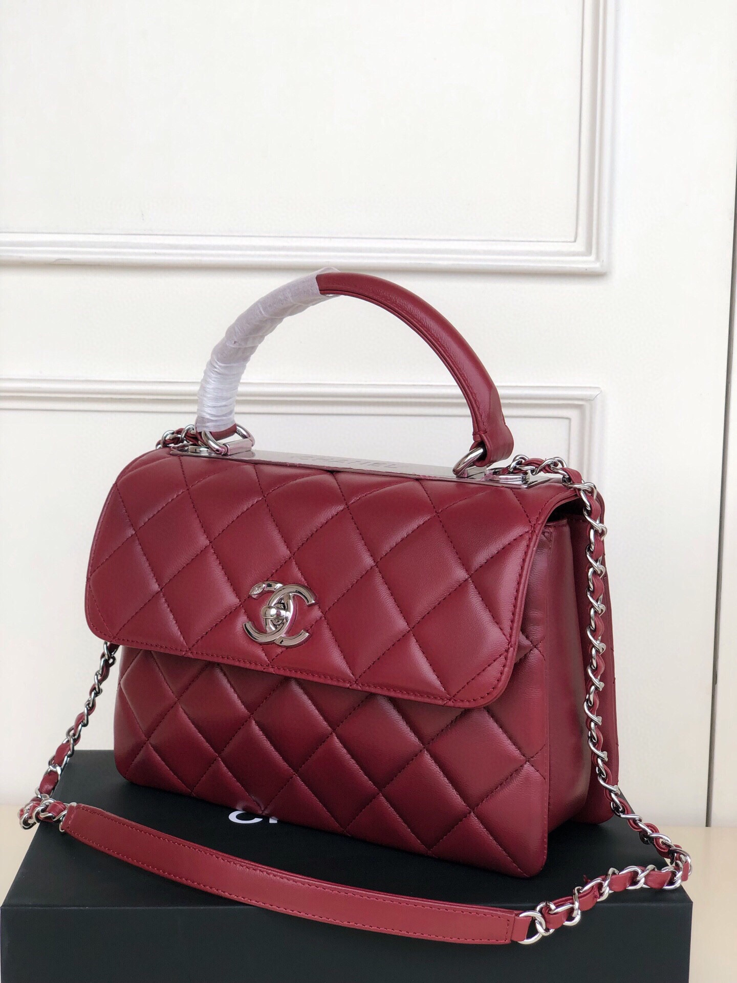 Ch*el flap bag with top handle 6.6 × 9.8 × 4.7 in