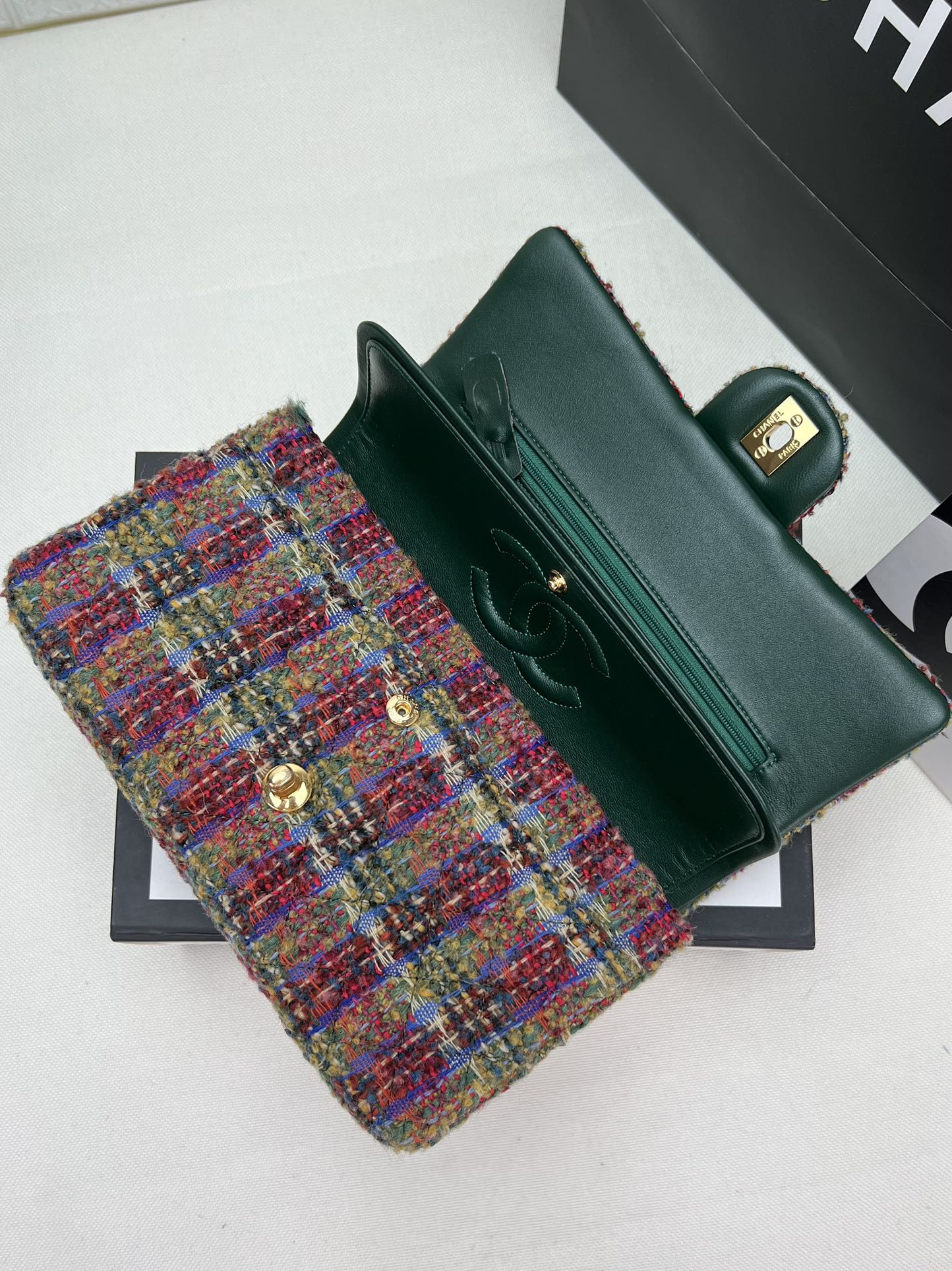 Ch*el classic 11.12 handbag tweed & gold-tone metal   6 × 9.9 × 2.5 in