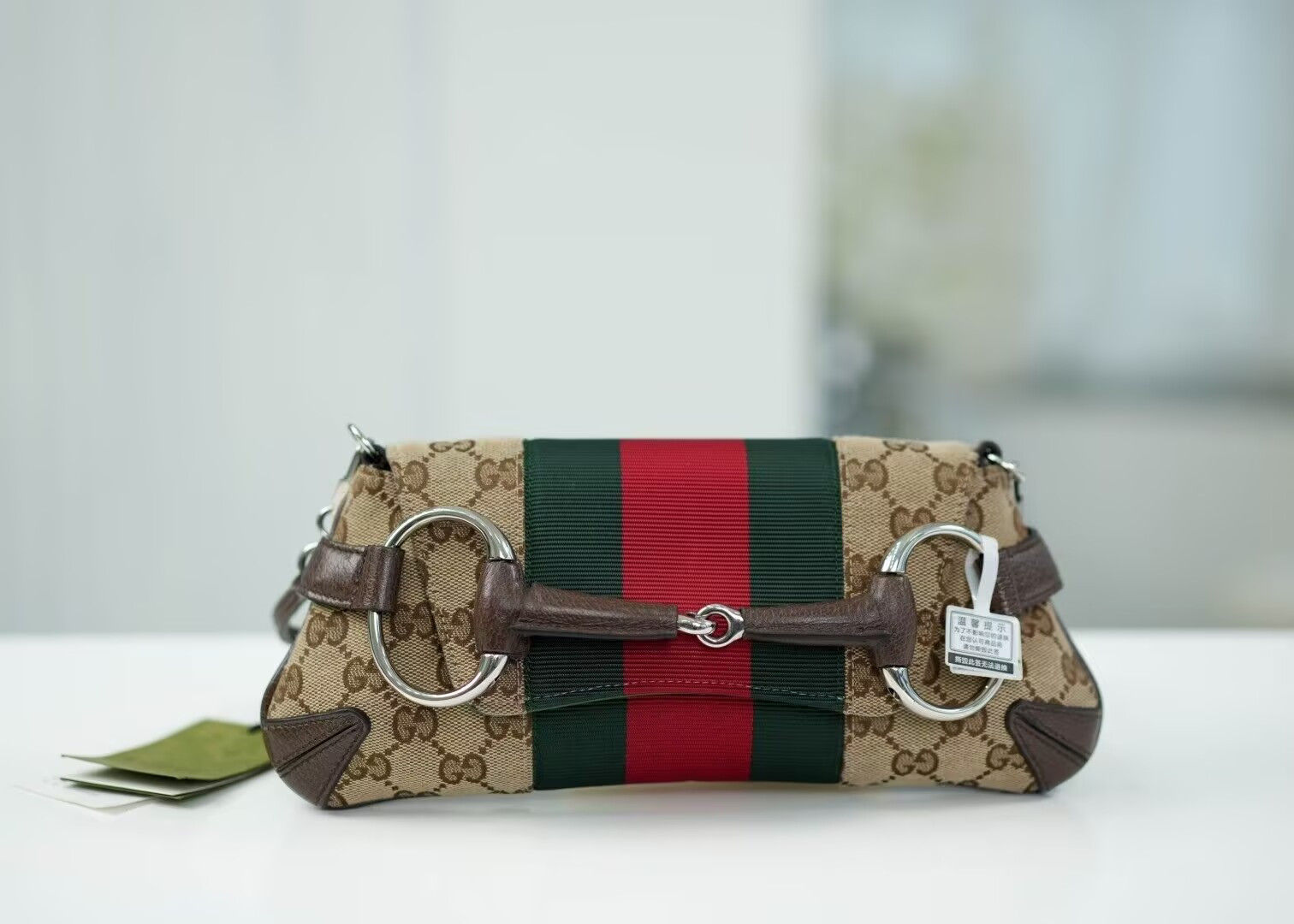 Gvc*1 Monogram Textured Dollar Calfskin Heavy Grosgrain Web Medium Maxi Horsebit Chain Shoulder Bag 27x11.5x5cm