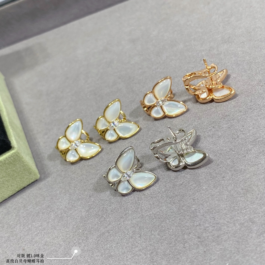 V*n Cl**f & Arpels White Mother-of-Pearl Butterfly Earrings