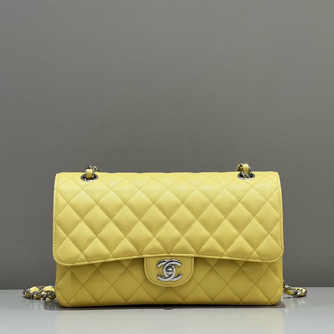 Ch**el CLASSIC HANDBAG GRAINED CALFSKIN & SILVER - TONE METAL Yellow 6×9.9×2.5in