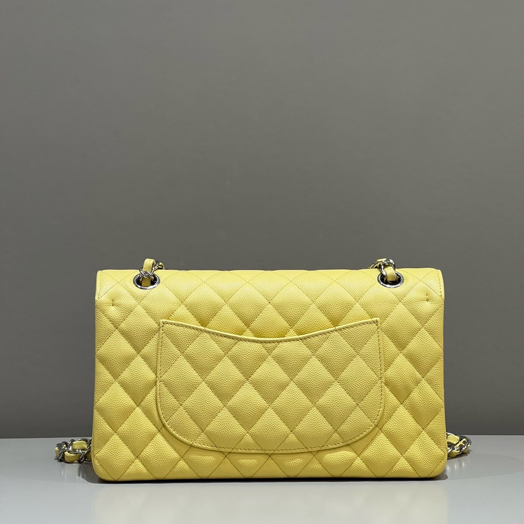 Ch**el CLASSIC HANDBAG GRAINED CALFSKIN & SILVER - TONE METAL Yellow 6×9.9×2.5in