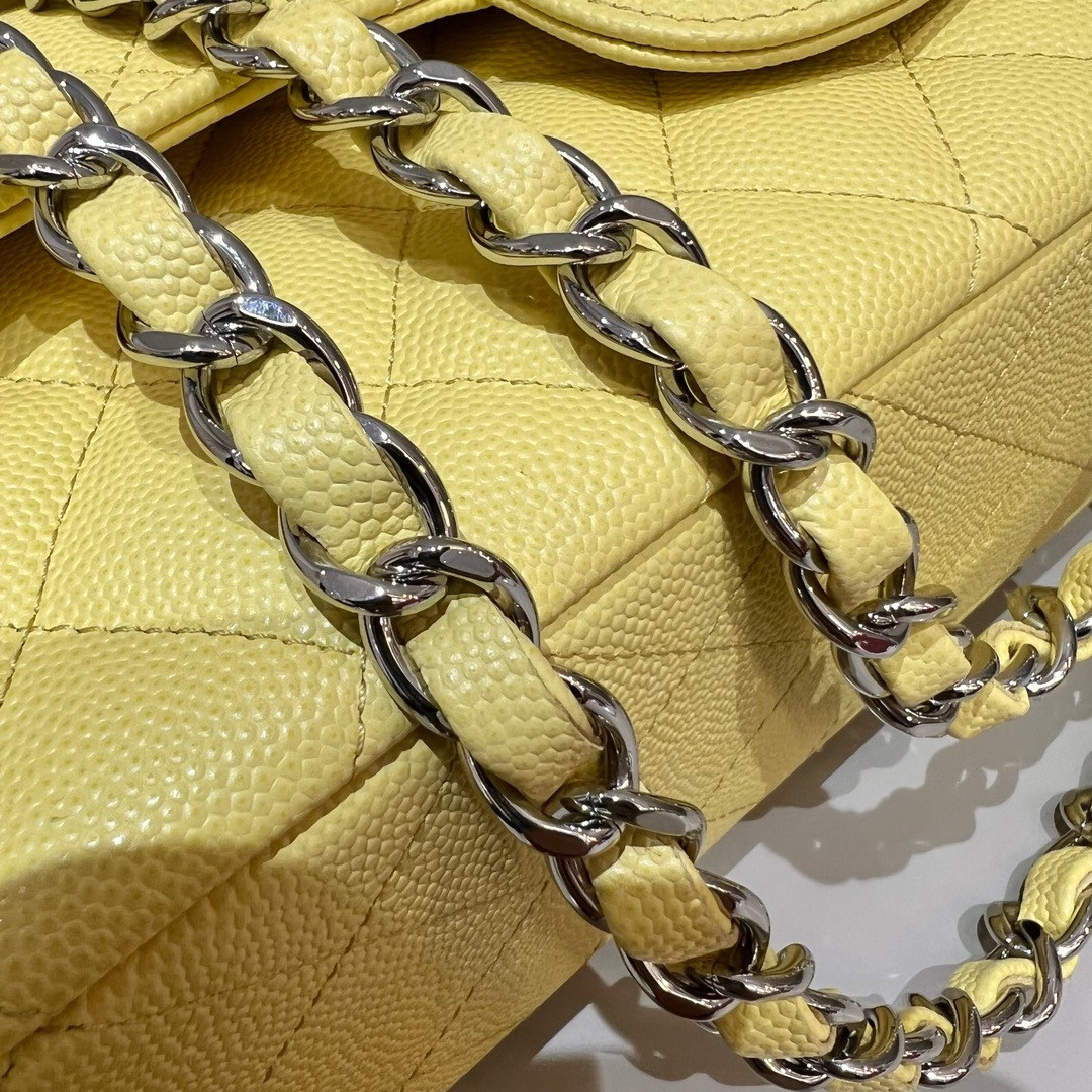 Ch**el CLASSIC HANDBAG GRAINED CALFSKIN & SILVER - TONE METAL Yellow 6×9.9×2.5in