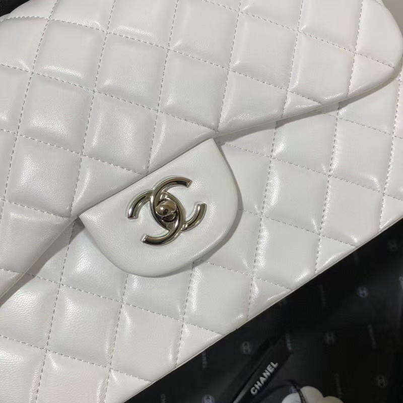Ch**el Classic Flap Jumbo 30cm CF White Silver 7.6 × 11.7 × 3.9 in