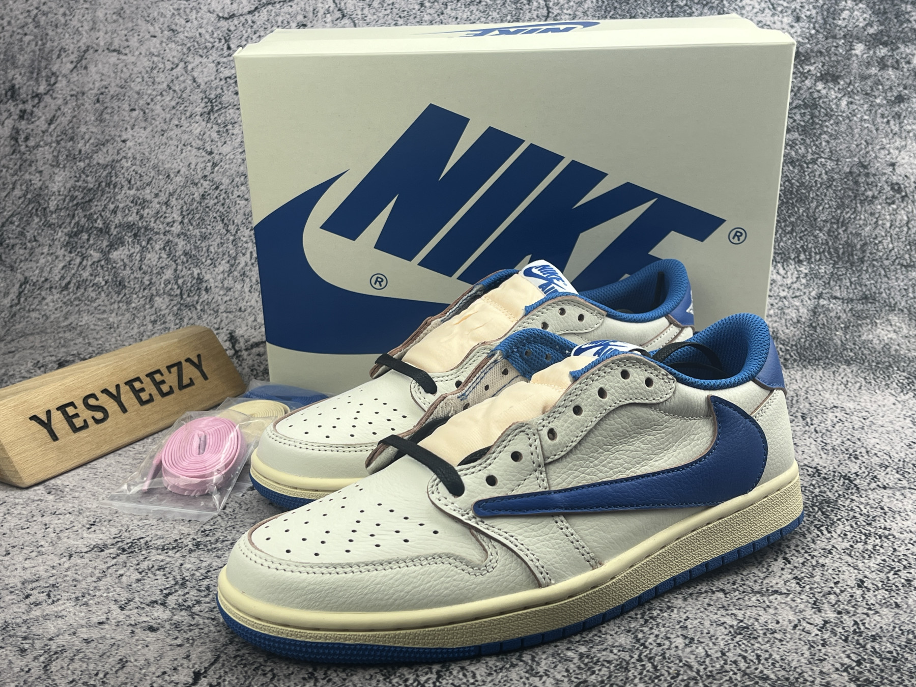 UA Air Jordan 1 Retro Low OG SP Fragment x Travis Scott Sail Military Blue