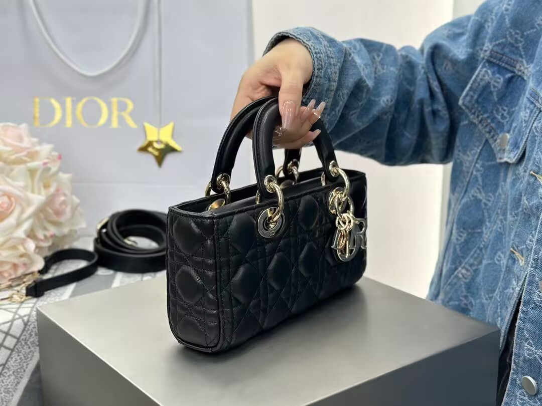 SMALL LADY D-JOY BAG Black Cannage 22 x 12 x 6 cm