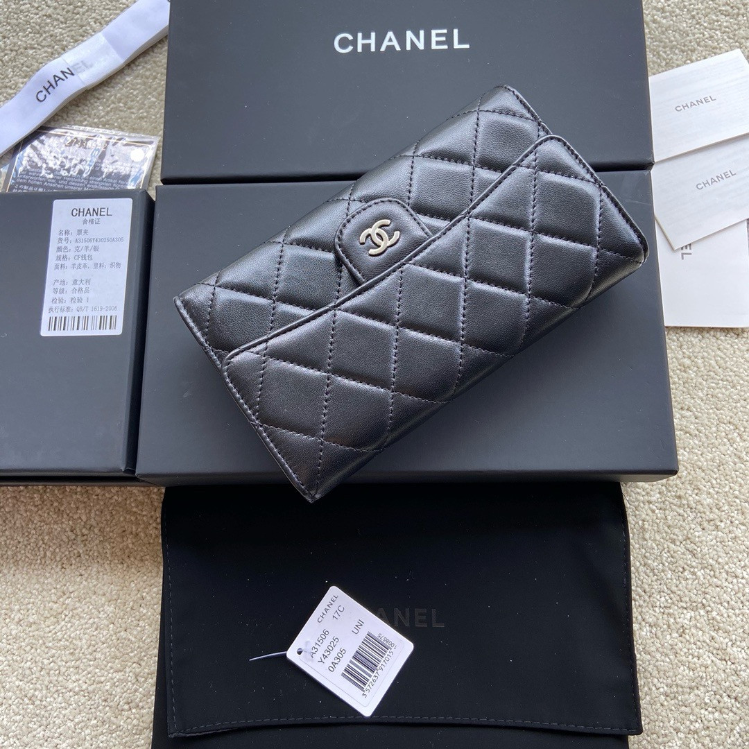 Ch**el FLAP WALLET BLACK SILVER 19.5 x10 cm