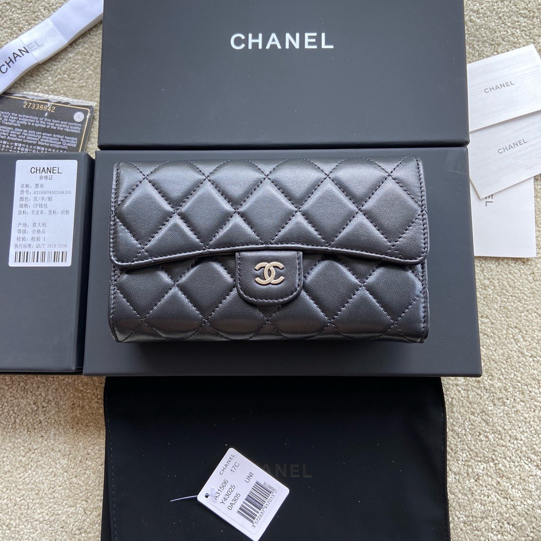 Ch**el FLAP WALLET BLACK SILVER 19.5 x10 cm