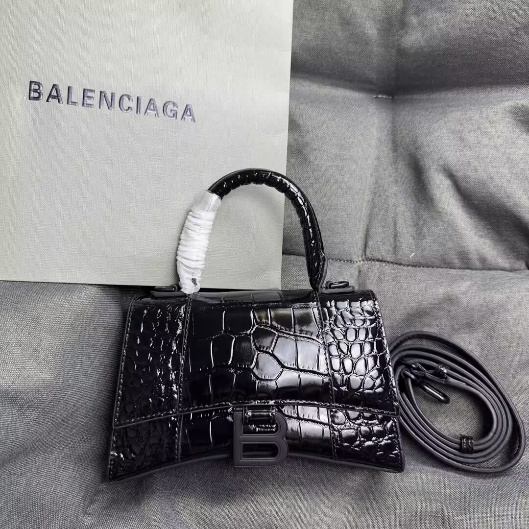 Ba1en*iaga women's hourglass mini handbag crocodile embossed in black l18.7 x h12.9 x w7.8 cm