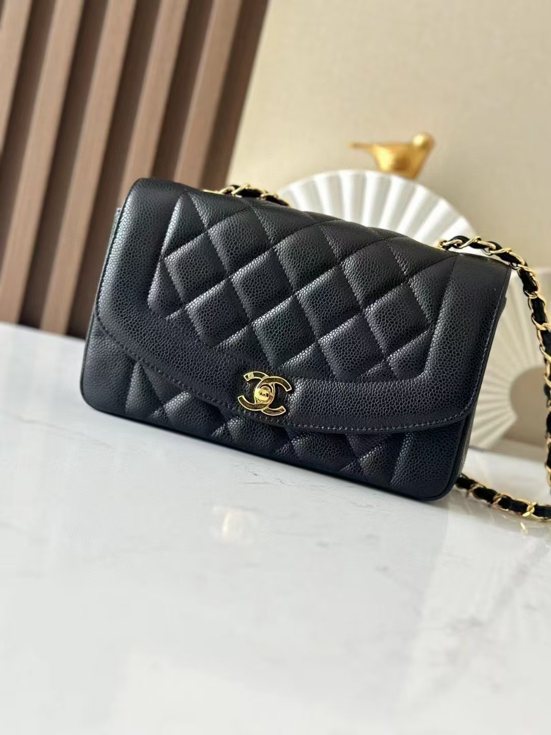 Ch**el Small Diana Flap Bag Caviar Gold Hardware 22.5x14x7cm