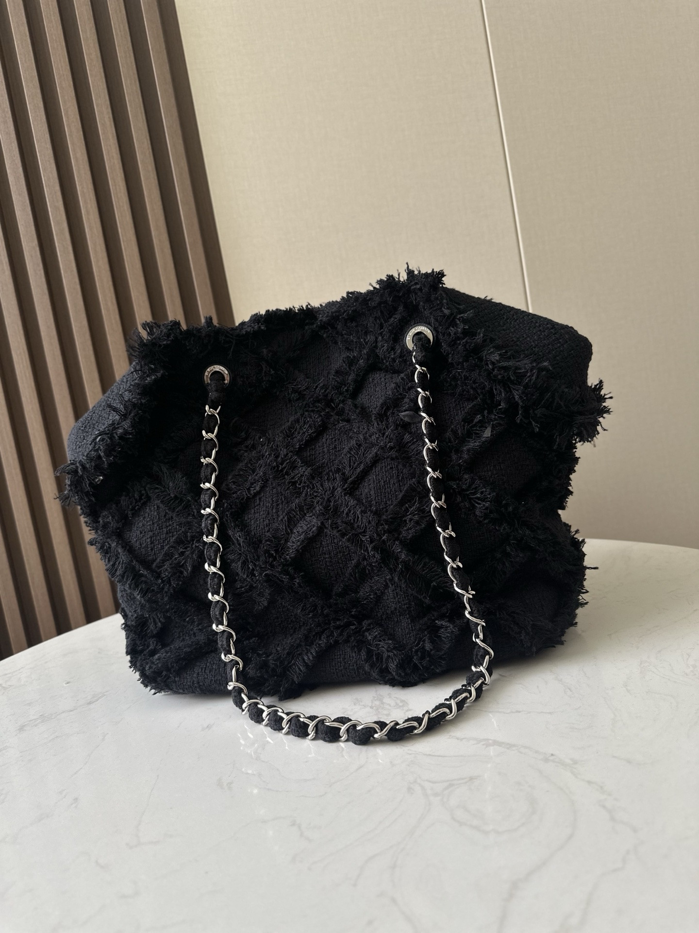 Ch**el vintage linen tassel tote straw bag 48x35x17cm