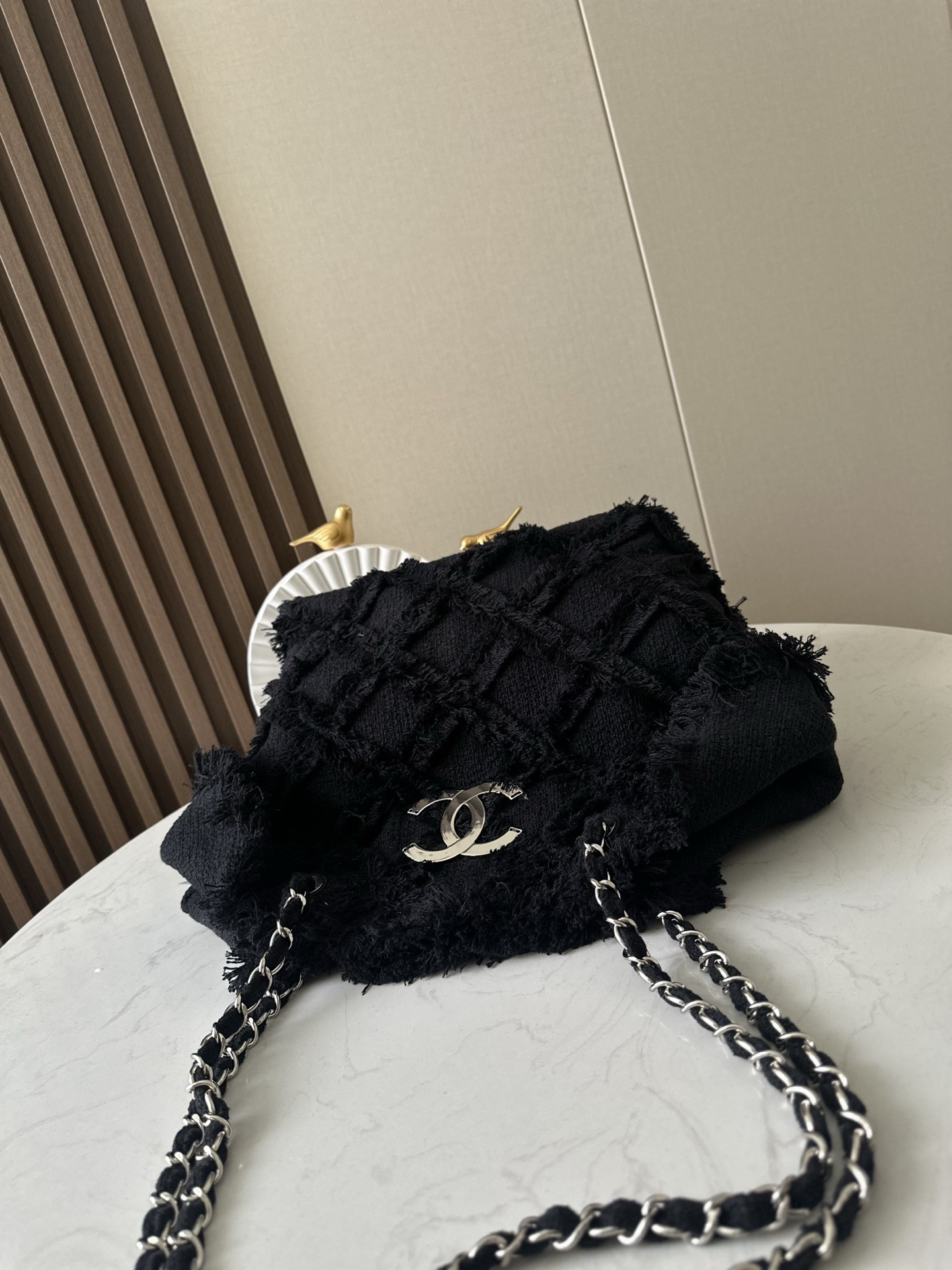 Ch**el vintage linen tassel tote straw bag 48x35x17cm