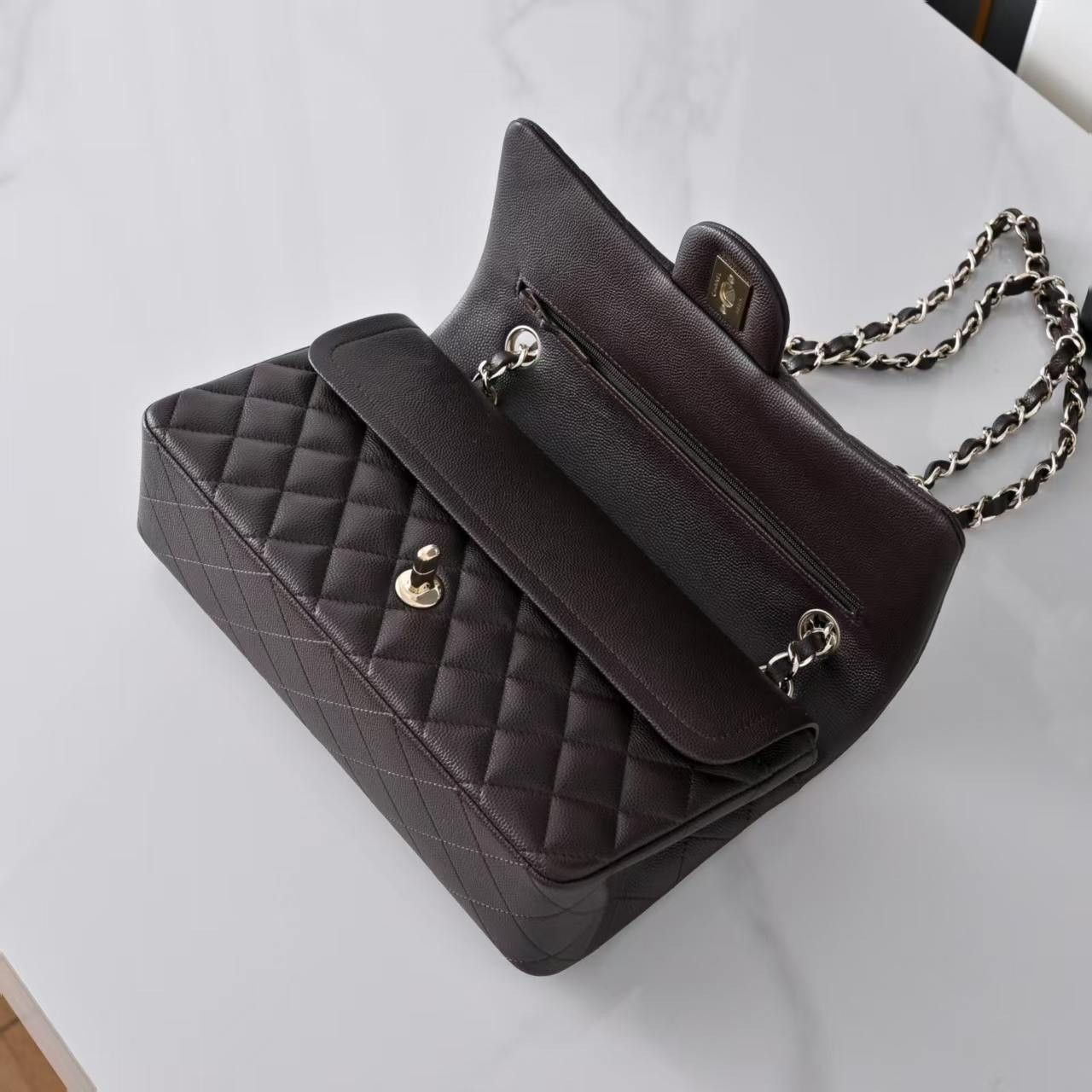 Ch**el classic flap coffee brown light gold hardware a01112 15.5×25.5×6.5cm