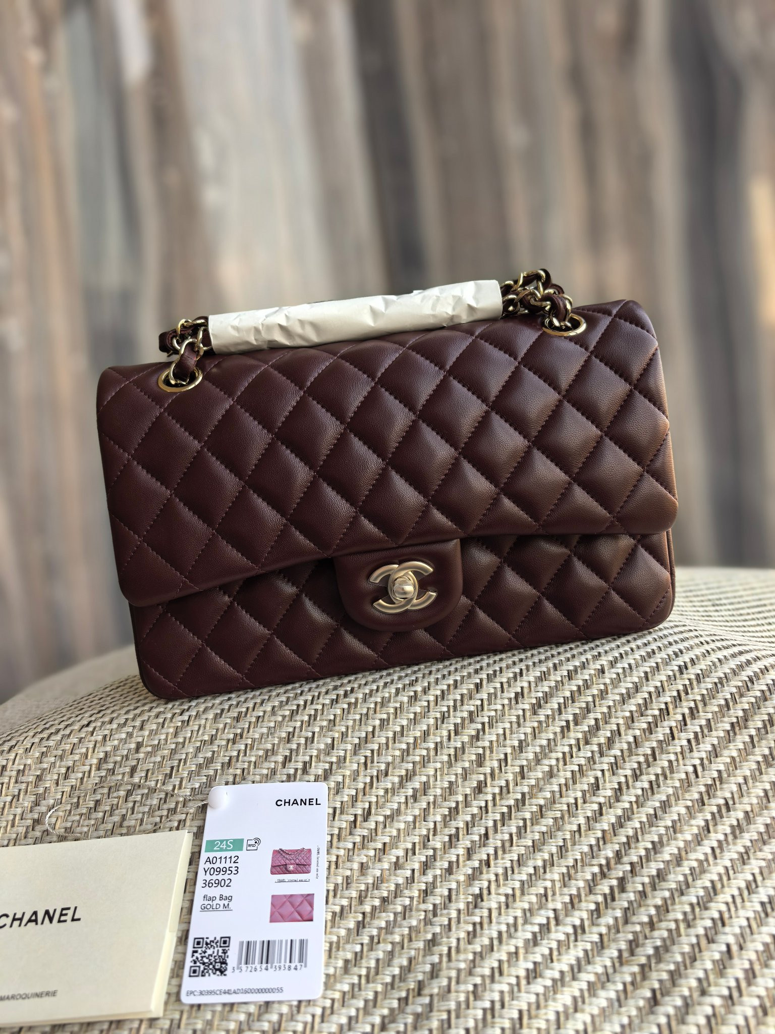 Ch**el classic flap bag chocolate brown with light gold hardware 15.5x25.5x6.5cm