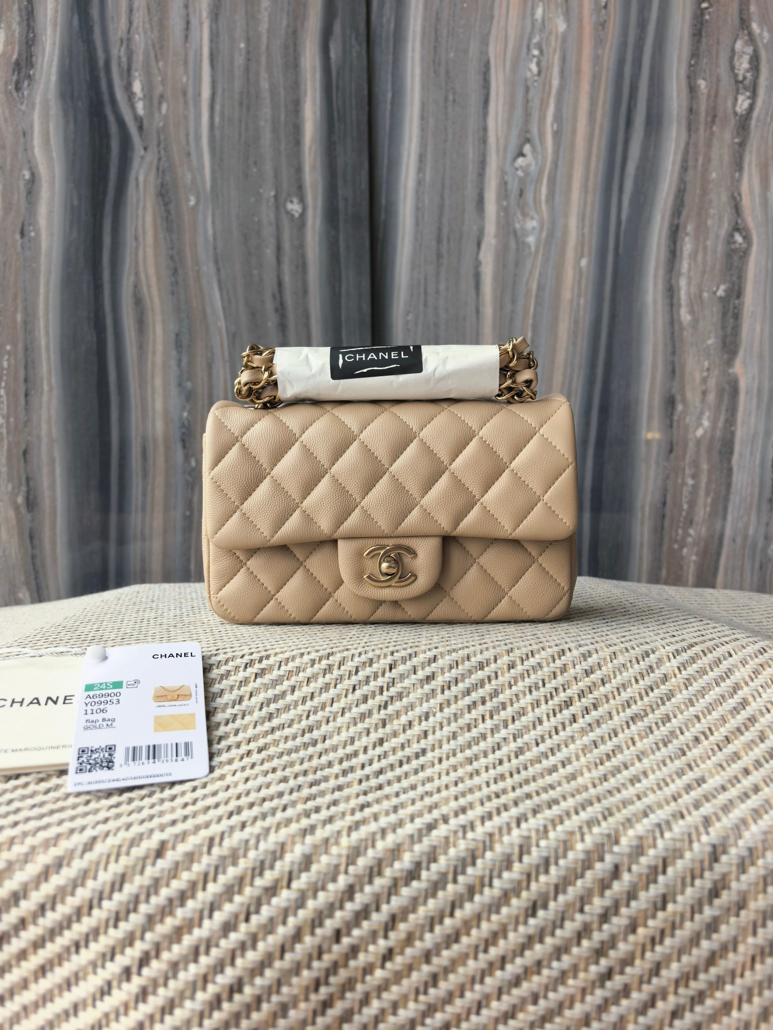 Ch**el mini flap bag milky tea color light gold hardware 20x12x6cm