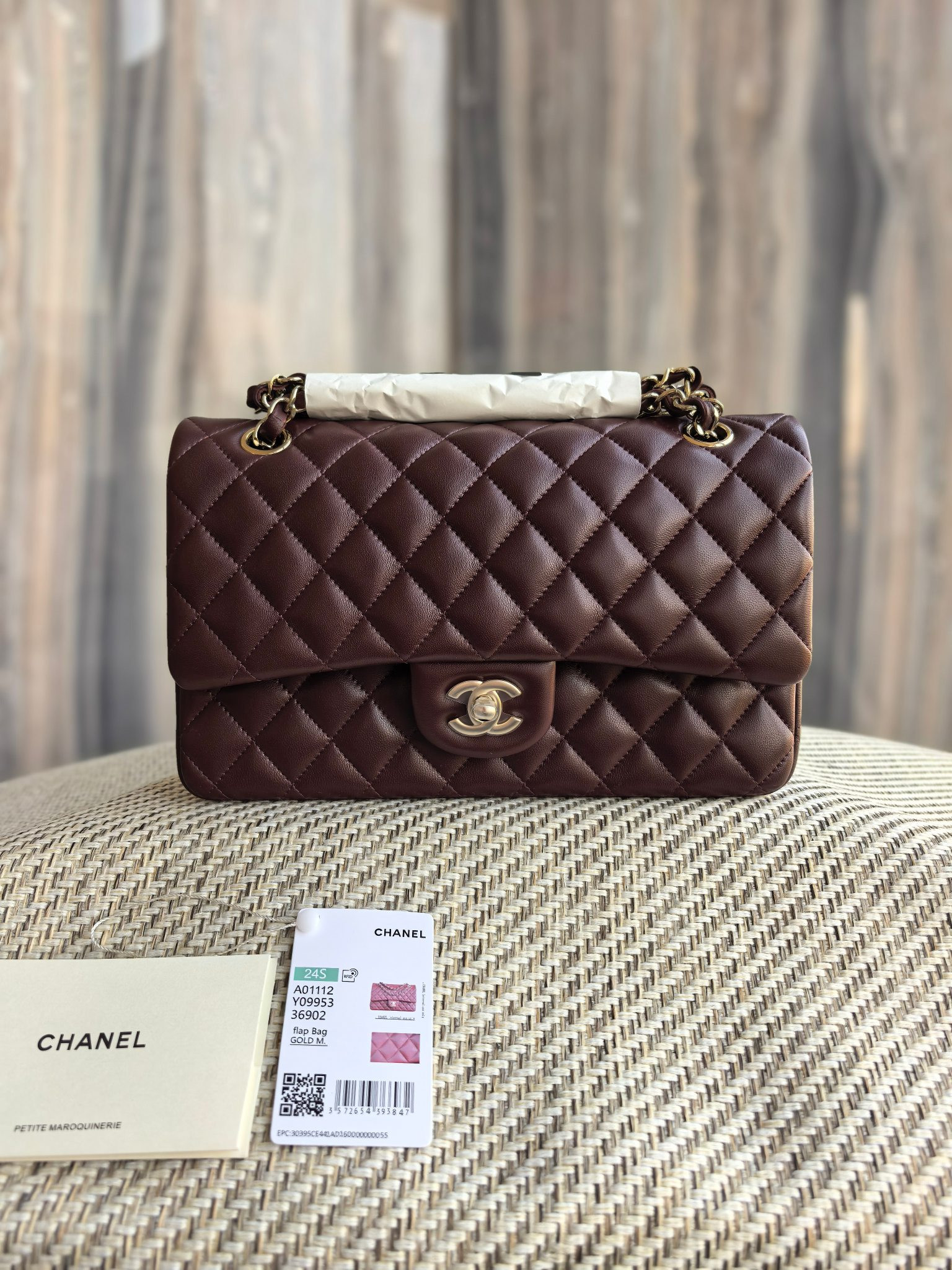 Ch**el classic flap bag chocolate brown with light gold hardware 15.5x25.5x6.5cm