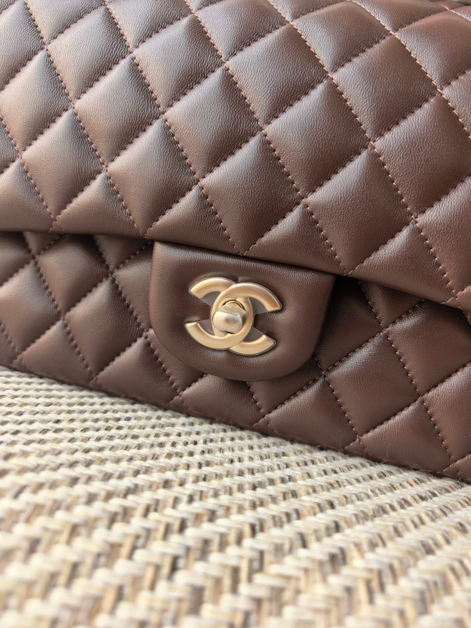Ch**el classic flap bag coffee brown with light gold hardware 15.5x25.5x6.5cm