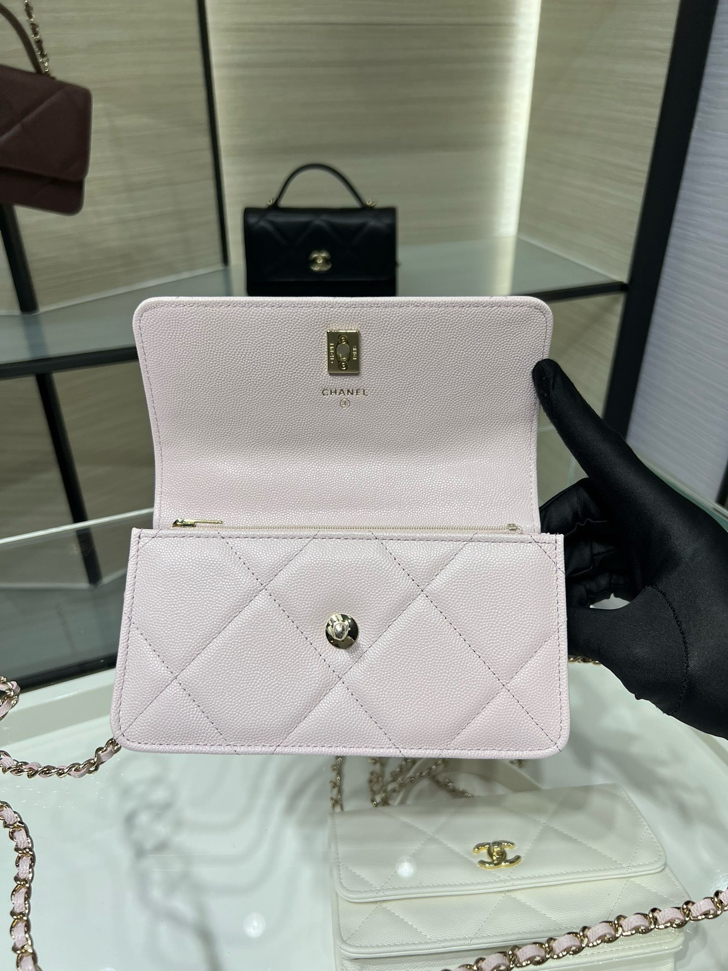 Ch**el flap bag with top handle wallet on chain 11x18.5x6cm