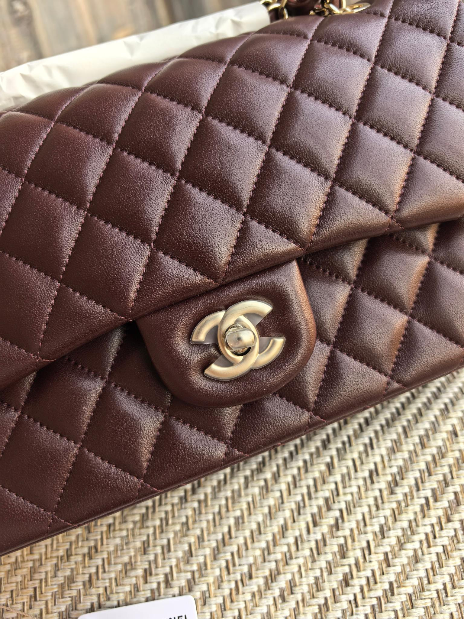 Ch**el classic flap bag chocolate brown with light gold hardware 15.5x25.5x6.5cm