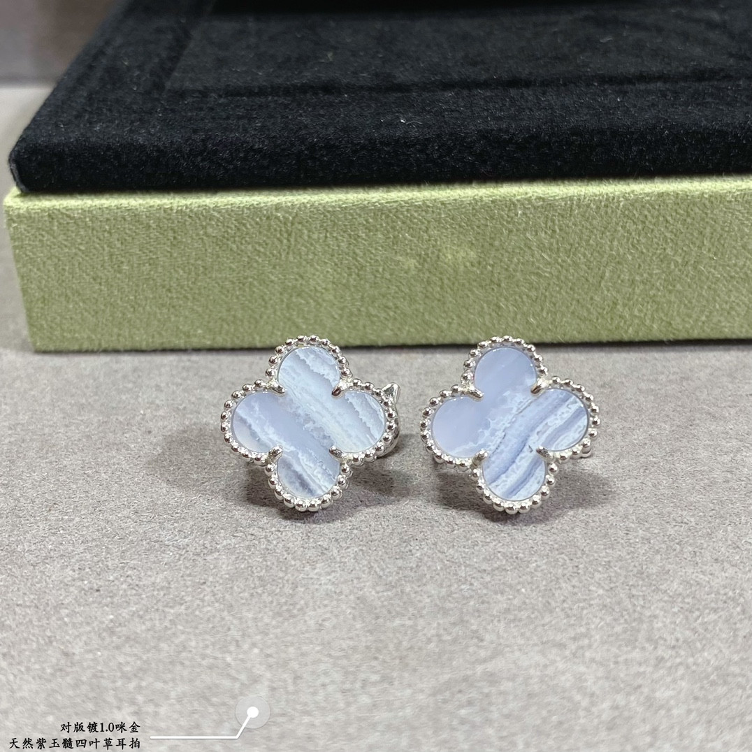 V*n Cl**f & Arpels Natural Purple Chalcedony Four-Leaf Clover Earrings