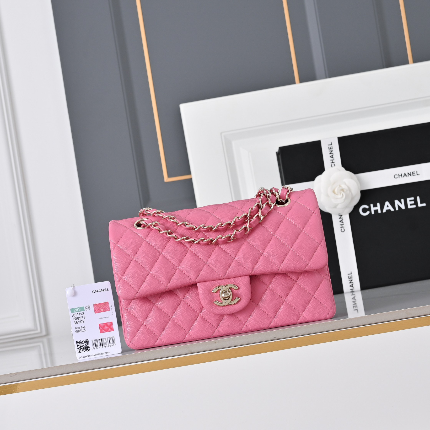 Ch**el classic flap handbag rose with light gold hardware and caviar leather a01113 23x14.5x6cm