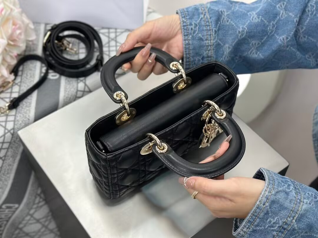 SMALL LADY D-JOY BAG Black Cannage 22 x 12 x 6 cm
