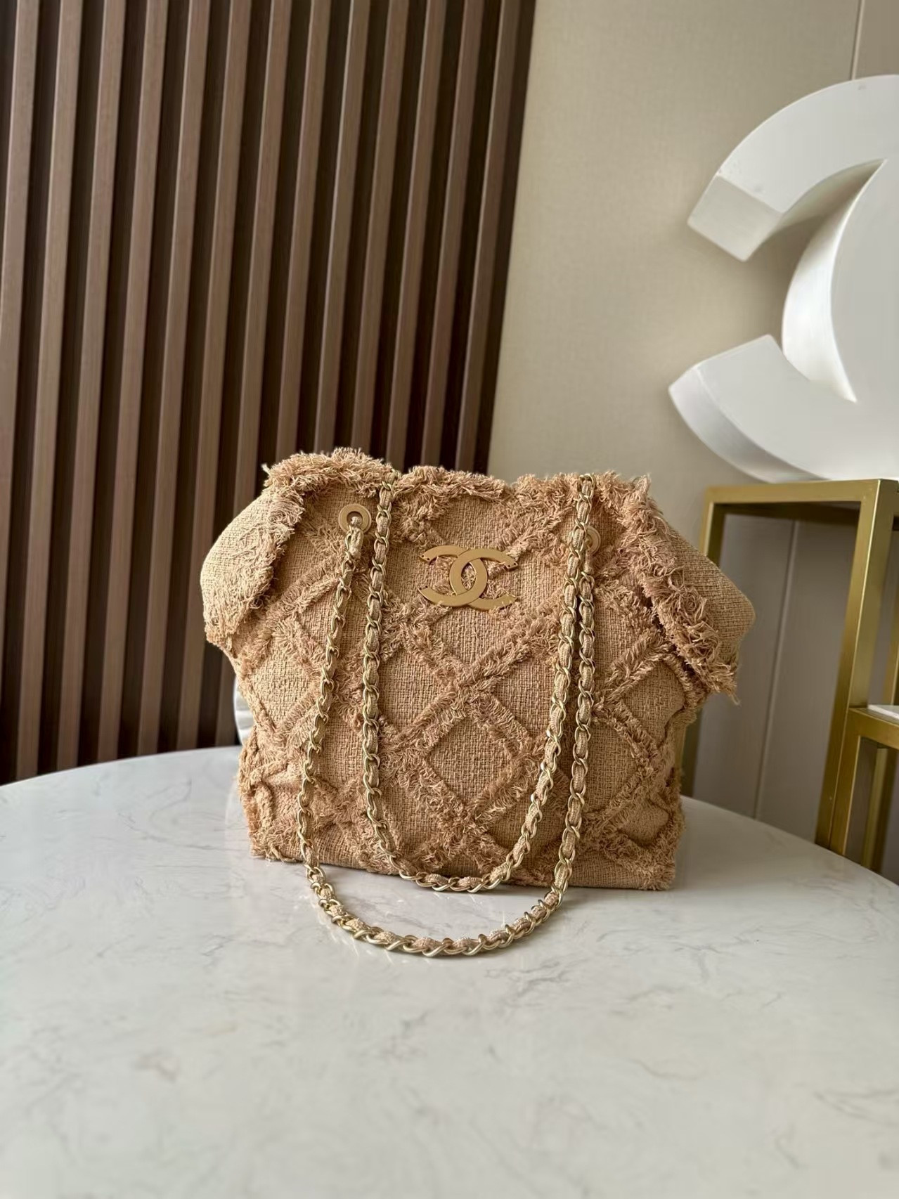 Ch**el Vintage Linen Tassel Tote Straw Bag 48x35x17cm