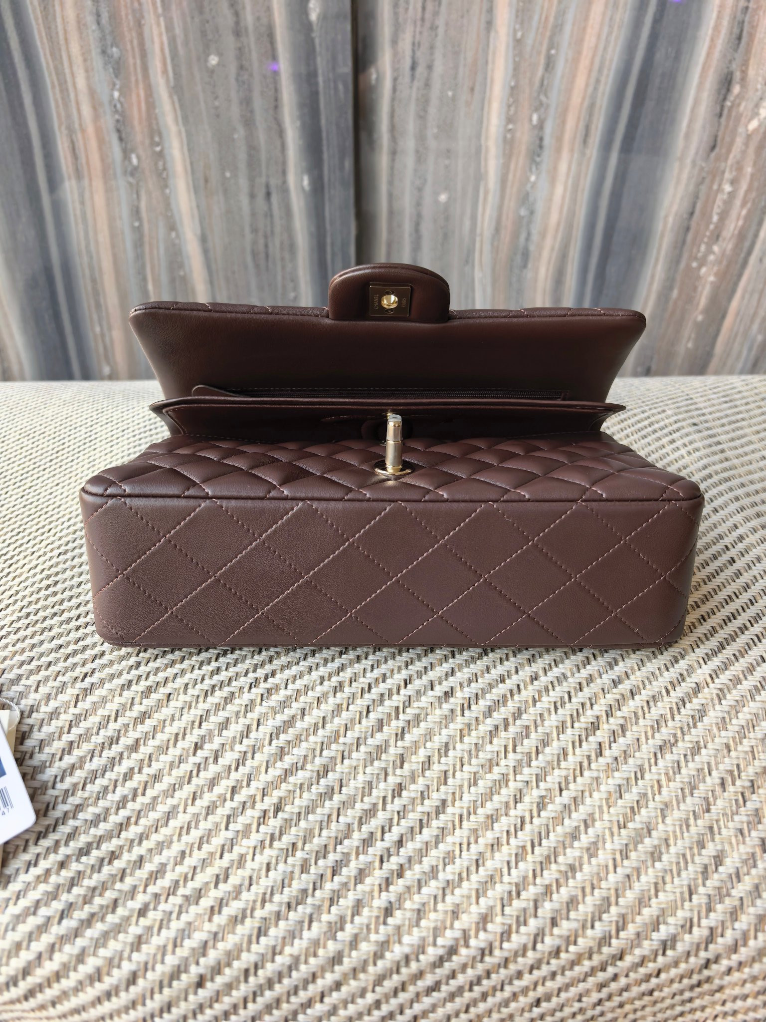 Ch**el classic flap bag coffee brown with light gold hardware 15.5x25.5x6.5cm