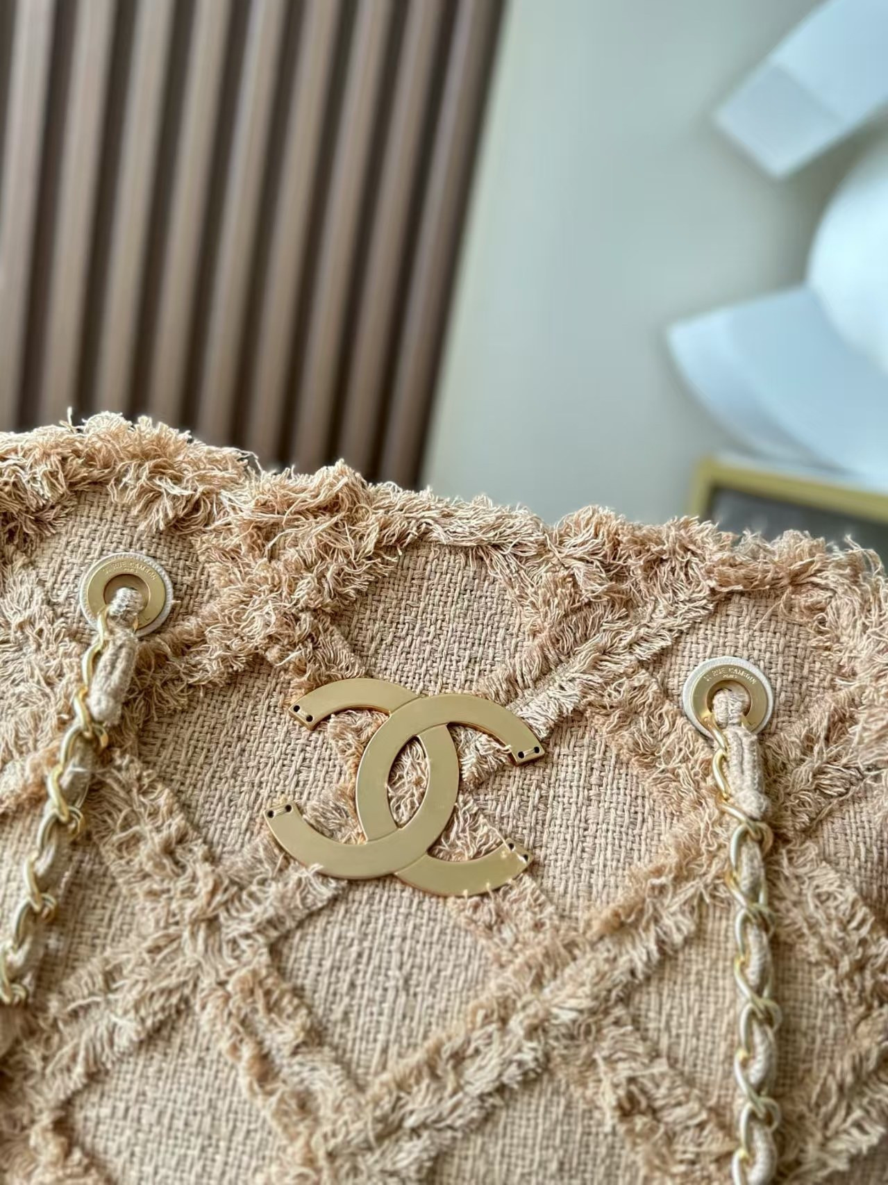 Ch**el Vintage Linen Tassel Tote Straw Bag 48x35x17cm