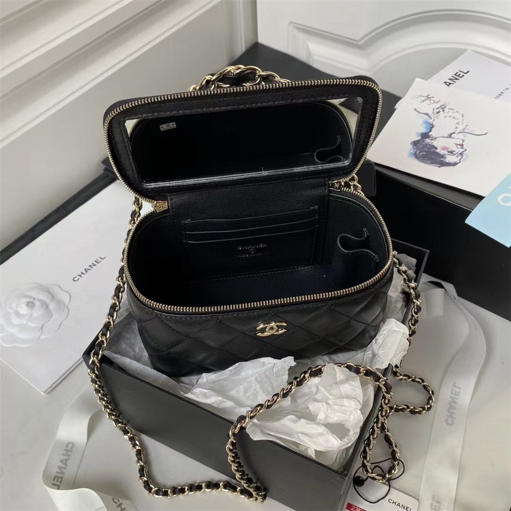 Ch**el Walnut Gold Ball Chain with Makeup Mirror Lamb Leather Square Box Shoulder Bag Women