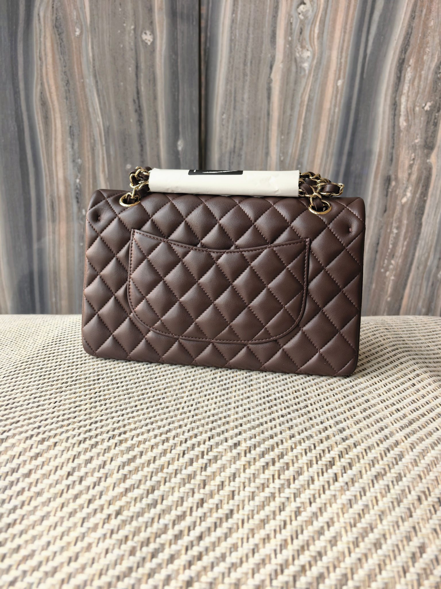 Ch**el classic flap bag coffee brown with light gold hardware 15.5x25.5x6.5cm