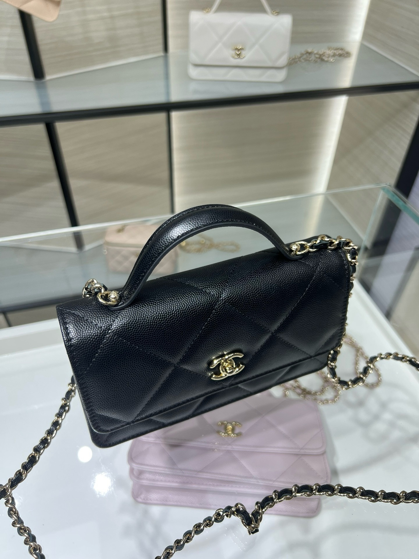 Ch**el flap bag with top handle wallet on chain 11x18.5x6cm