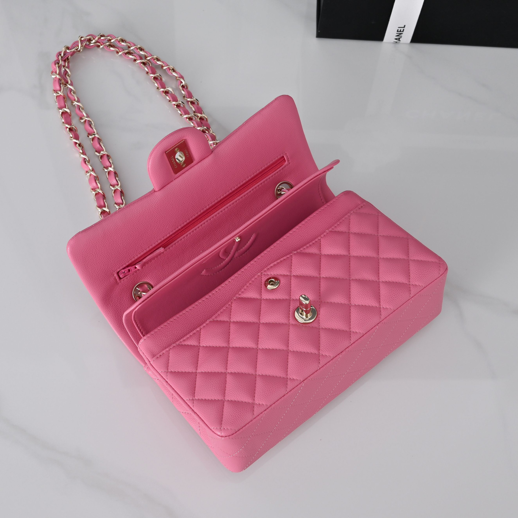 Ch**el classic flap handbag rose with light gold hardware and caviar leather a01113 23x14.5x6cm