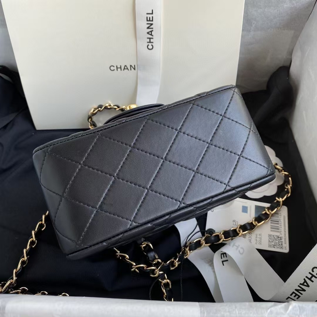 Ch**el Mini Classic Handbag Lambskin & Gold-Tone Metal Black 5.3 × 6.6 × 3.1 in