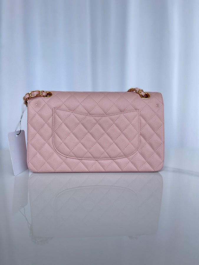 Ch**el CLASSIC HANDBAG GRAINED CALFSKIN & GOLD-TONE METAL PINK 6 × 9.9 × 2.5 in