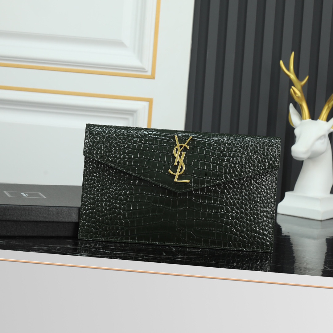 Y51 uptown pouch in crocodile-embossed shiny leather green 10.6 x 6.2 x 0.7 inches